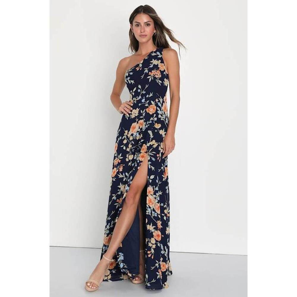 Lulus Elegant Admiration Navy Blue Floral One-shoulder Maxi Dress - Size M